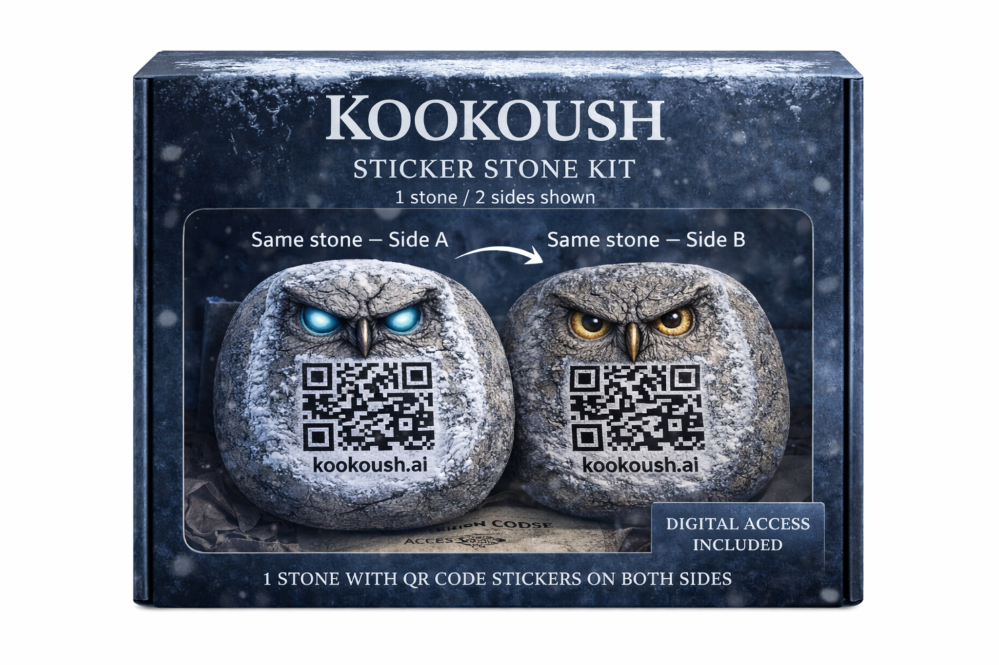 Kookoush Sticker Stone Kit packaging showing the same stone on both sides with QR stickers